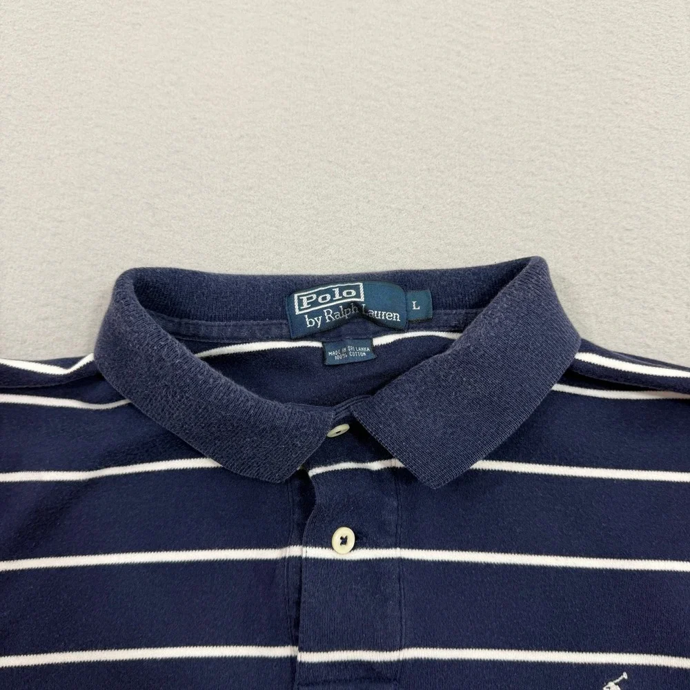 Vintage Polo Ralph Lauren Shirt Men's Large Navy Blue Striped Short Sleeve Pony
